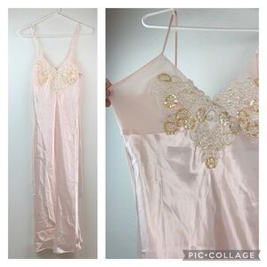 Vintage Linea Donatello pink chiffon satin sequin pearl lace chemise slip dress